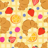 a seamless pattern of various breakfast items, including croissants, strawberries, blueberries, oranges, and raspberries, all set against a yellow and white checkered background.