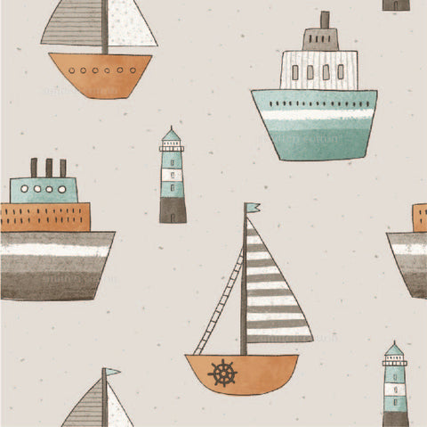 a pattern of boats and lighthouses on a gray background