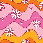 a pink and orange background with white flowers