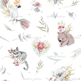a repeating pattern of various animals, including a parrot, a koala, and a wombat, along with flowers and leaves. The animals are depicted in different poses and settings, creating a lively and dynamic scene.