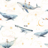 The image is a watercolor painting depicting a whimsical scene of children riding on the backs of various sea creatures, including a whale, a dolphin, and a mermaid. The painting is set against a starry night sky backdrop, with the children appearing to be flying through the air. The image is approximately 8 centimeters wide.