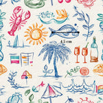 a variety of colorful, hand-drawn illustrations and objects, including a lobster, sun, palm tree, wine glasses, and other tropical elements, all set against a white background.
