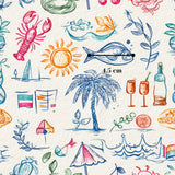 a variety of colorful, hand-drawn illustrations and objects, including a lobster, sun, palm tree, wine glasses, and other tropical elements, all set against a white background.