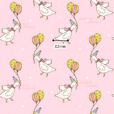 a repeating pattern of cartoon-style ducks holding balloons and wearing party hats against a pink background with white stars.