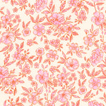 a repeating pattern of pink flowers and leaves on a light beige background.