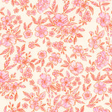 a repeating pattern of pink flowers and leaves on a light beige background.