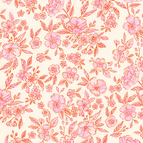 a repeating pattern of pink flowers and leaves on a light beige background.