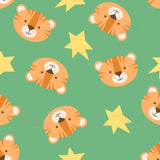 a repeating pattern of cartoon tiger faces and yellow stars on a green background.