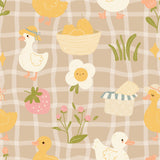 a repeating pattern of various cartoon-style illustrations, including ducks, flowers, fruits, and other whimsical objects, all set against a checkered background.