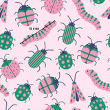 a variety of colorful insects, including ladybugs, caterpillars, and other types of bugs, all set against a pink background.