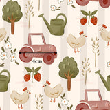 various farm-themed illustrations, including a tractor, a chicken, a strawberry, and other farm-related objects. The image is a repeating pattern with a 4 cm scale, and it is described as a "smitten cotton" pattern.