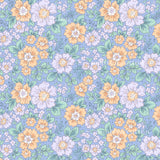 The image is a repeating pattern of various flowers in shades of orange, white, and purple against a light blue background.