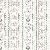 a repeating pattern of Christmas-themed elements, including a teddy bear, a Santa Claus hat, a reindeer, and candy canes. The pattern is composed of vertical stripes with a repeating design of these elements, creating a festive and holiday-inspired appearance.