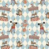 The image is a repeating pattern of various circus animals and circus-related objects, such as a circus tent, a circus performer, and circus animals, all set against a diamond-shaped background with stars.