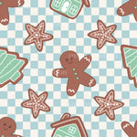 a pattern of ginger cookies and gingerbreads on a checkered background