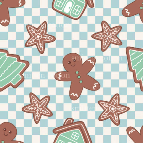 a pattern of ginger cookies and gingerbreads on a checkered background