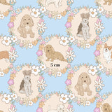 a repeating pattern of illustrations of dogs, each surrounded by a wreath of flowers. The dogs are depicted in various poses and sizes, creating a visually engaging and whimsical design. The wreaths are adorned with colorful flowers, adding a touch of nature and beauty to the overall composition. The image is a collage of multiple images, and the size of the dogs and wreaths is consistent throughout the pattern.