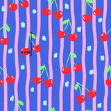 a repeating pattern of red cherries on a blue background with pink vertical stripes.