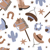 various cowboy-themed objects, including a horse, a cowboy hat, a cactus, a horseshoe, and a star, all arranged in a repeating pattern.