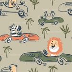a lion driving a car with palm trees in the background