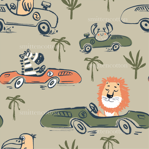 a lion driving a car with palm trees in the background