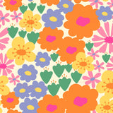 The image is a vibrant and colorful collage of various flowers and leaves in shades of orange, yellow, blue, and pink.