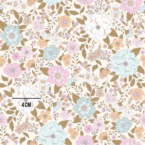 a flowery pattern with leaves and flowers on a white background