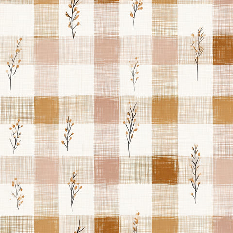 a repeating pattern of small orange flowers and branches on a white background, creating a visually appealing and textured design.
