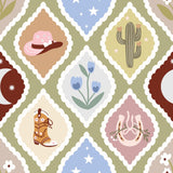 The image is a collage of various icons and symbols, including a cowboy hat, a cactus, flowers, a boot, a horseshoe, and stars, all arranged in a diamond pattern.