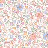 The image is a seamless pattern of various colorful flowers and leaves, including pink, blue, orange, and white flowers, along with green leaves. The pattern is arranged in a repeating design, creating a visually appealing and harmonious composition.
