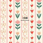 a pattern with hearts and flowers on a striped background