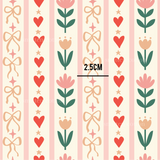 a pattern with hearts and flowers on a striped background