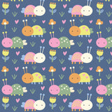 a repeating pattern of colorful cartoon-style insects, including ladybugs, on a blue background. The insects are arranged in a grid-like pattern, creating a visually appealing and playful design.