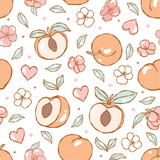 a pattern of peaches and flowers on a white background