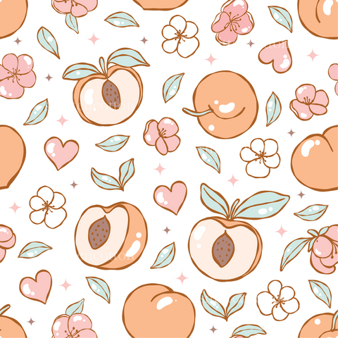a pattern of peaches and flowers on a white background