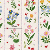 The image is a repeating pattern of various colorful flowers and hearts, with a ruler indicating the size of the pattern in centimeters.