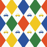 The image is a colorful diamond pattern with four cars of different colors - blue, yellow, green, and red - arranged in a grid-like pattern.