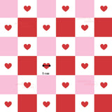 The image is a repeating pattern of pink and white squares, each containing a red heart. The pattern is composed of a total of 16 squares, and there is one square with a heart and a measurement of 1 cm.