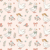 a repeating pattern of white ducks with bows on their heads, along with various other birds, flowers, and leaves in shades of pink, green, and blue.