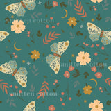 a repeating pattern of butterflies, flowers, leaves, and other natural elements against a teal background.