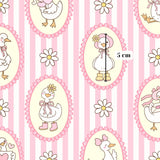 a repeating pattern of oval frames with illustrations of cartoon ducks and flowers on a pink and white striped background.
