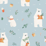 The image is a repeating pattern of white polar bears holding presents and holding plants against a light blue background.