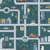 The image is a colorful and whimsical street map featuring various vehicles, buildings, and trees.