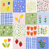The image is a colorful and playful collage featuring various illustrations of fruits, flowers, and geometric patterns in a variety of bright colors such as yellow, pink, blue, green, and white.