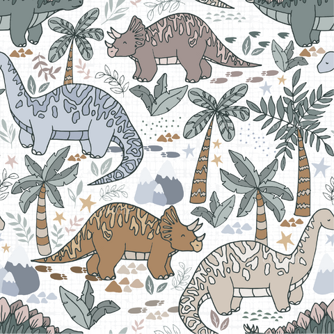 a pattern of dinosaurs and palm trees on a white background