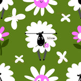 The image is a repeating pattern of stylized white flowers with pink centers, along with a black sheep holding a pink flower in the center.