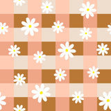 a repeating pattern of white daisies against a background of pink and brown squares.