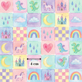 The image is a collage of various colorful and whimsical illustrations, including a dragon, unicorn, castle, rainbow, heart, crescent moon, and other fantastical elements.