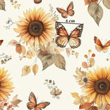 The image is a watercolor painting featuring sunflowers, butterflies, and leaves in a floral arrangement.