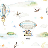 The image is a watercolor painting depicting various whimsical scenes, including animals in hot air balloons, birds flying, and clouds in the sky. The painting is a collage of multiple images, and the image contains the text "smitten cotton" and "3 cm".
